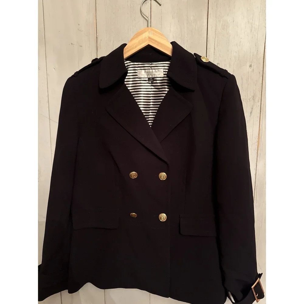 Tahari‎ Arthur S. Levine Black Nautical Double Breasted Blazer Gold Buttons 14